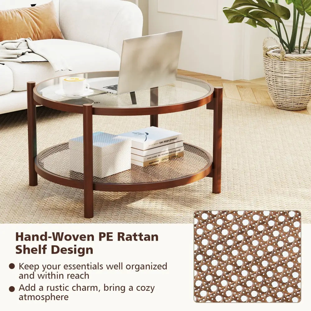 31 Inch 2-Tier Round Coffee Table with Tempered Glass Top for Living Room-Cherry - Cherry - Coffee Tables