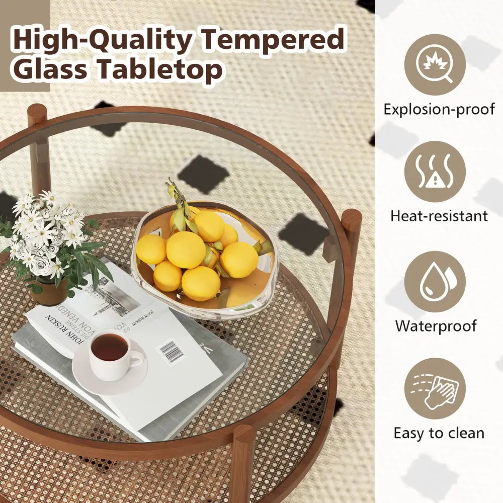 31 Inch 2-Tier Round Coffee Table with Tempered Glass Top for Living Room-Cherry - Cherry - Coffee Tables