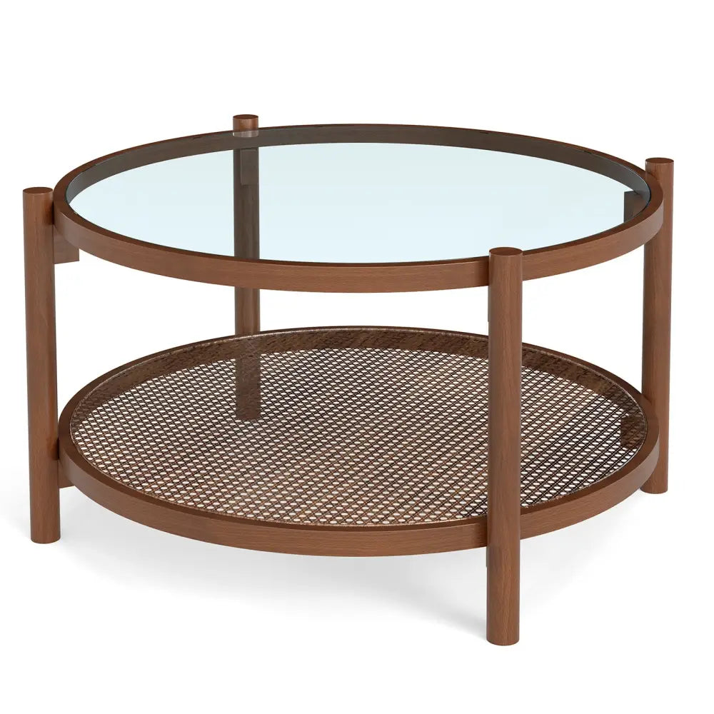 31 Inch 2-Tier Round Coffee Table with Tempered Glass Top for Living Room-Cherry - Cherry - Coffee Tables