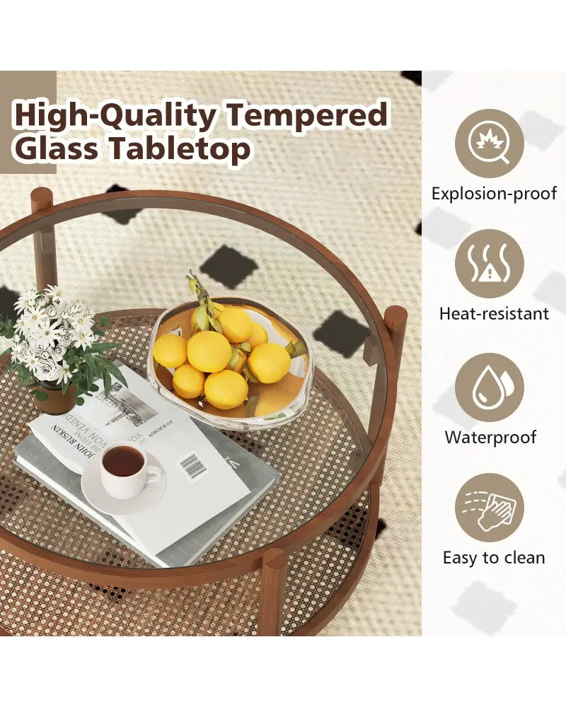 31 Inch 2-Tier Round Coffee Table with Tempered Glass Top for Living Room-Cherry - Cherry - Coffee Tables