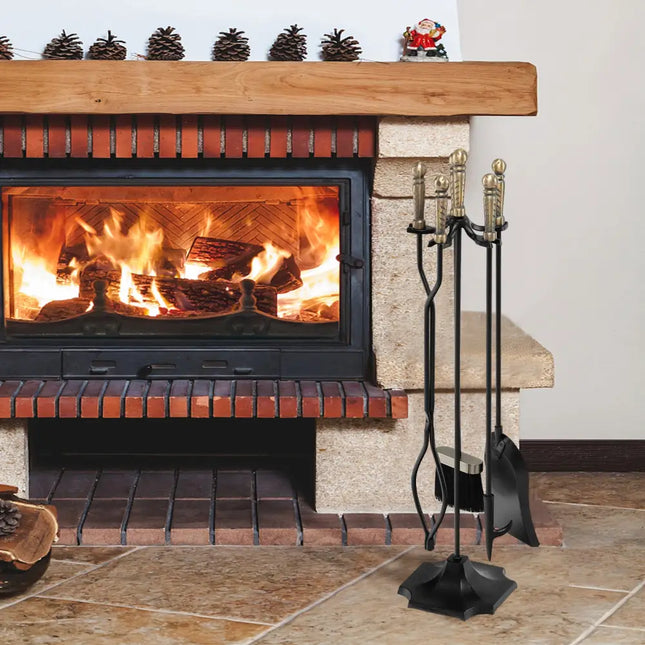 31 inch 5 Pieces Metal Fireplace Tool Set with Stand-Bronze - Bronze - Fireplace Tools