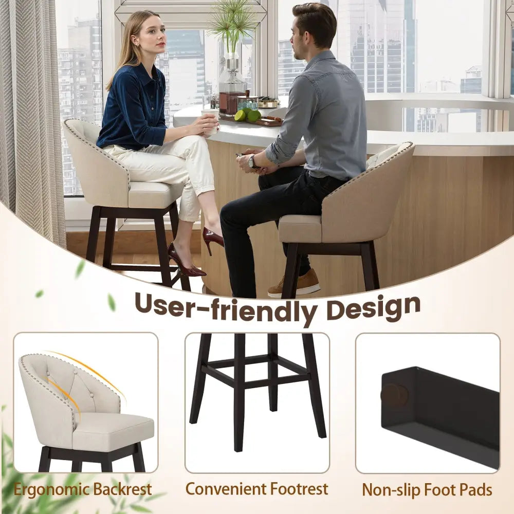 31 Inch Bar Stools Set of 4 Padded Bar Height Chairs with Rubber Wood Frame Swivel Seat-Beige Costway
