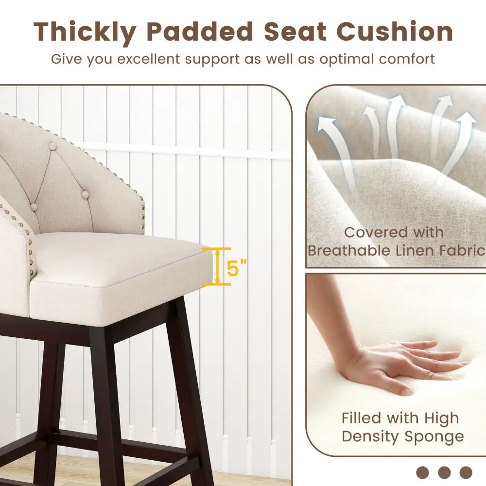 31 Inch Bar Stools Set of 4 Padded Bar Height Chairs with Rubber Wood Frame Swivel Seat-Beige Costway