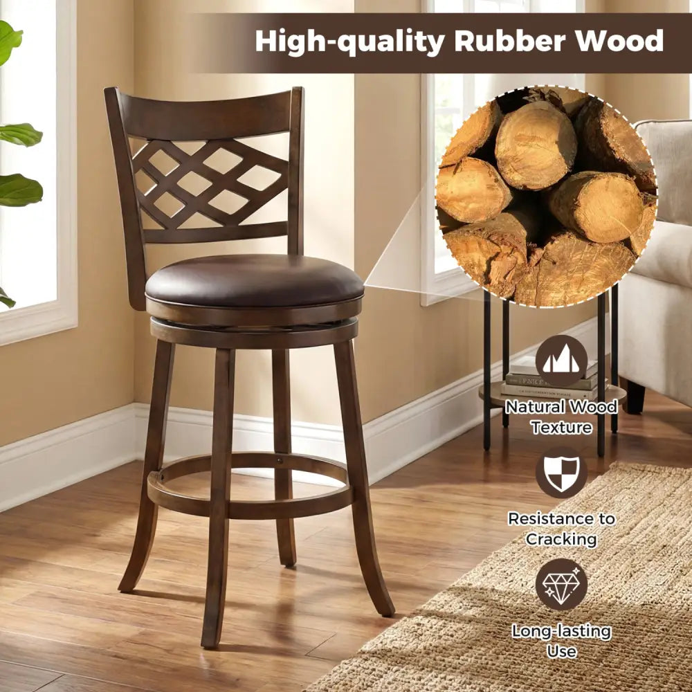 31 Inch Counter Height Bar Stools Set of 2 with Rubber Wood Frame-31 Inch - Brown - Bar Stools