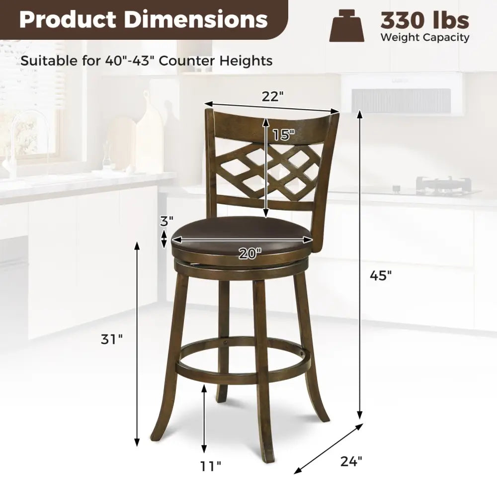 31 Inch Counter Height Bar Stools Set of 2 with Rubber Wood Frame-31 Inch - Brown - Bar Stools