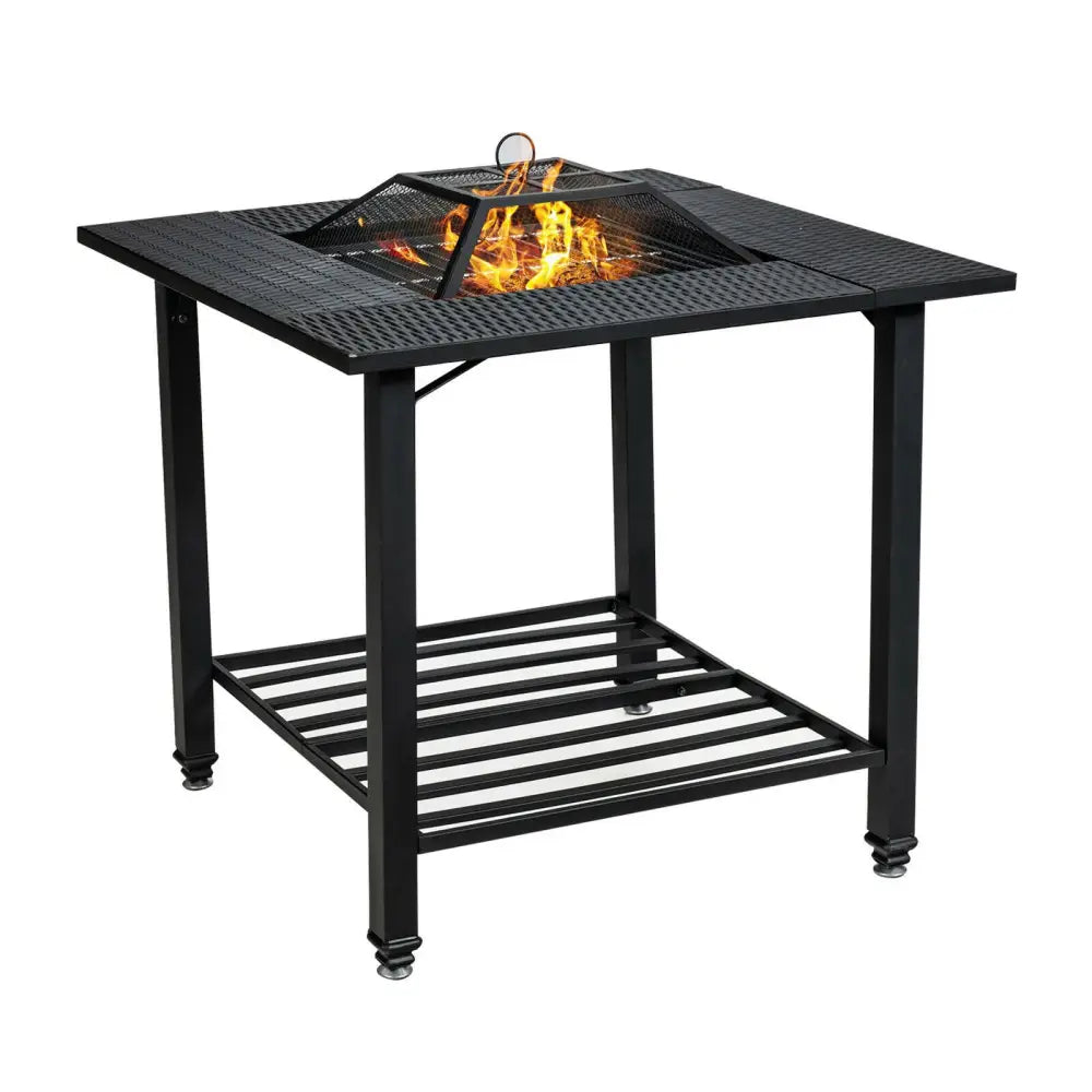31 Inch Outdoor Fire Pit Dining Table with Cooking BBQ Grate - Black - Fire Pits