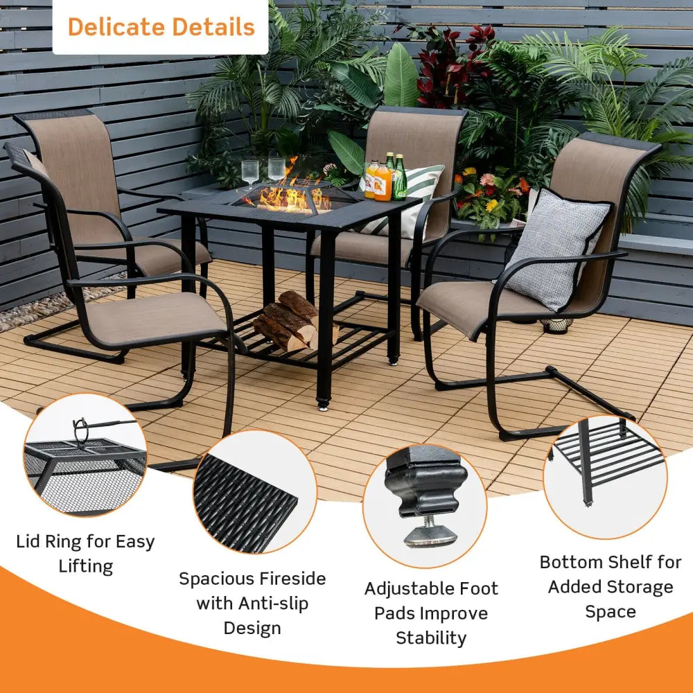 31 Inch Outdoor Fire Pit Dining Table with Cooking BBQ Grate - Black - Fire Pits