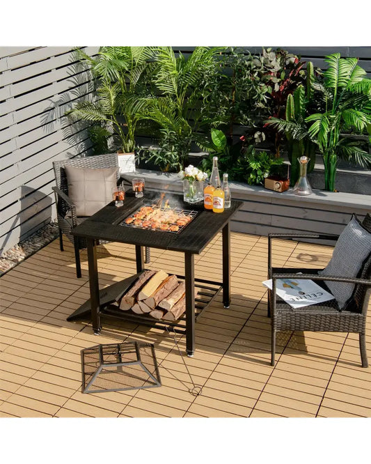 31 Inch Outdoor Fire Pit Dining Table with Cooking BBQ Grate - Black - Fire Pits
