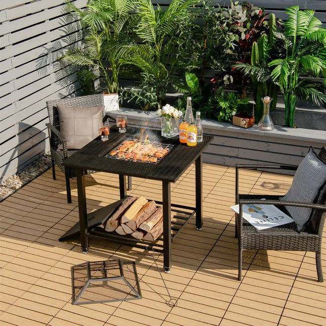31 Inch Outdoor Fire Pit Dining Table with Cooking BBQ Grate - Black - Fire Pits