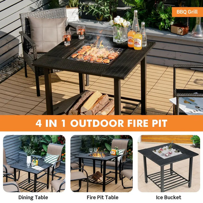 31 Inch Outdoor Fire Pit Dining Table with Cooking BBQ Grate - Black - Fire Pits