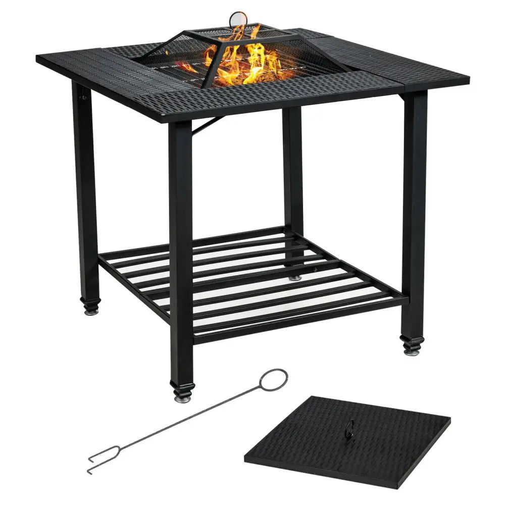 31 Inch Outdoor Fire Pit Dining Table with Cooking BBQ Grate - Black - Fire Pits