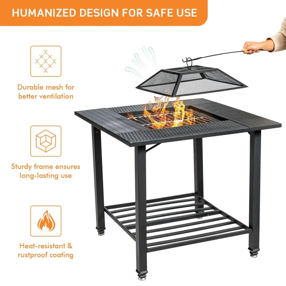 31 Inch Outdoor Fire Pit Dining Table with Cooking BBQ Grate - Black - Fire Pits