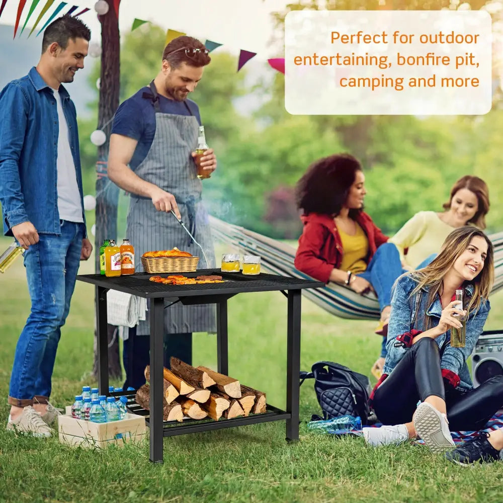31 Inch Outdoor Fire Pit Dining Table with Cooking BBQ Grate - Black - Fire Pits
