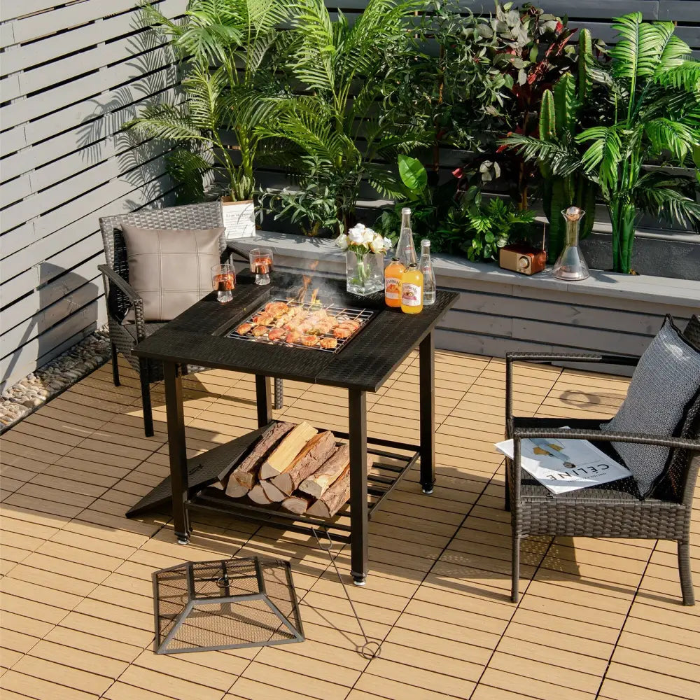 31 Inch Outdoor Fire Pit Dining Table with Cooking BBQ Grate - Black - Fire Pits