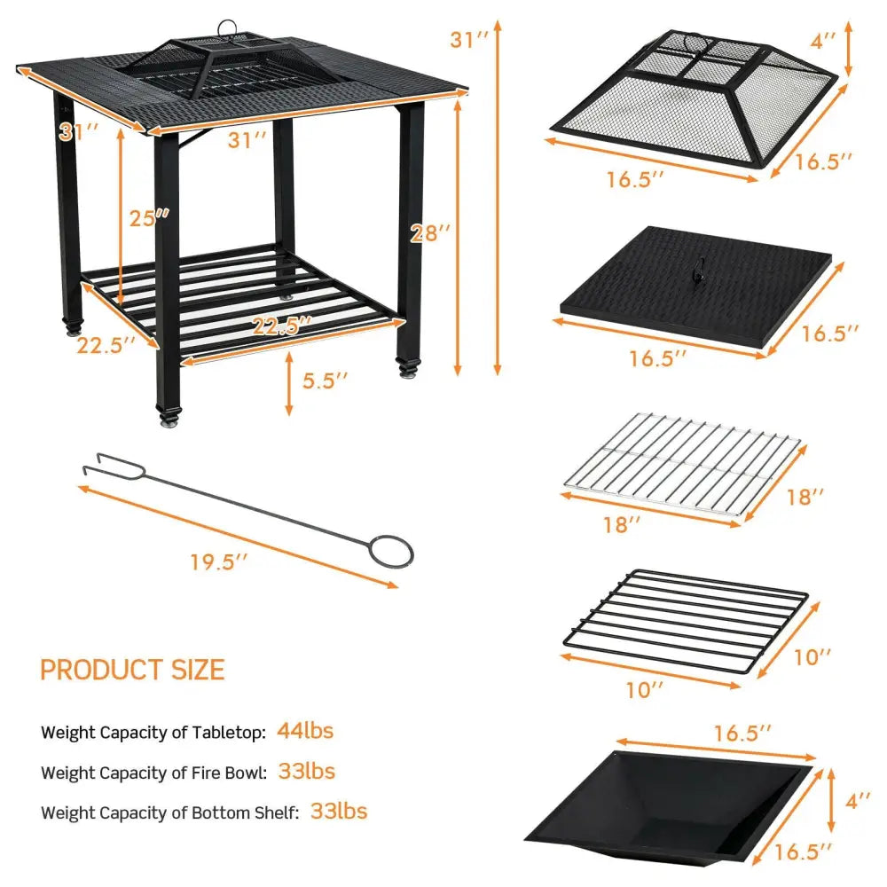 31 Inch Outdoor Fire Pit Dining Table with Cooking BBQ Grate - Black - Fire Pits