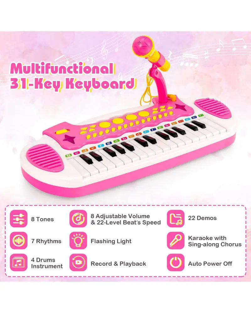 31-Key Kids Piano Keyboard Toy with Microphone and Multiple Sounds for Age 3+-Pink - Pink - Musical Toys