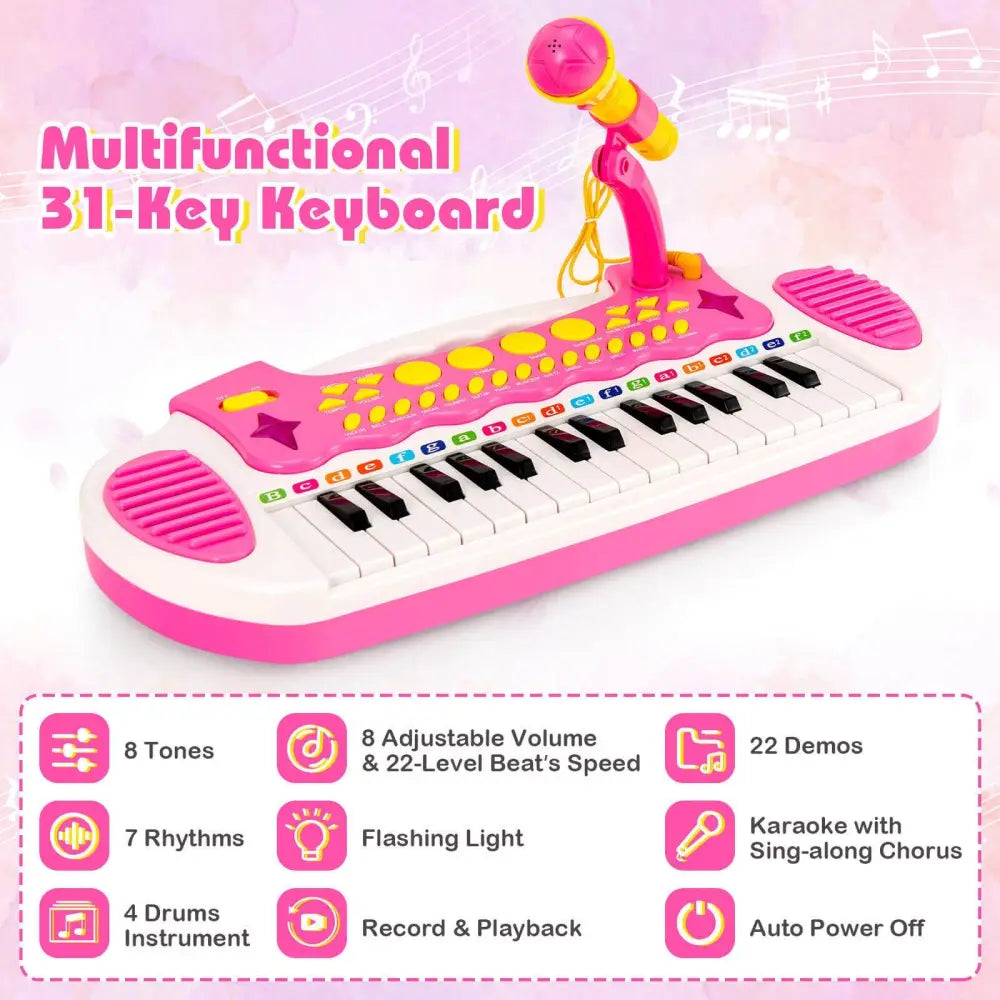 31-Key Kids Piano Keyboard Toy with Microphone and Multiple Sounds for Age 3+-Pink - Pink - Musical Toys