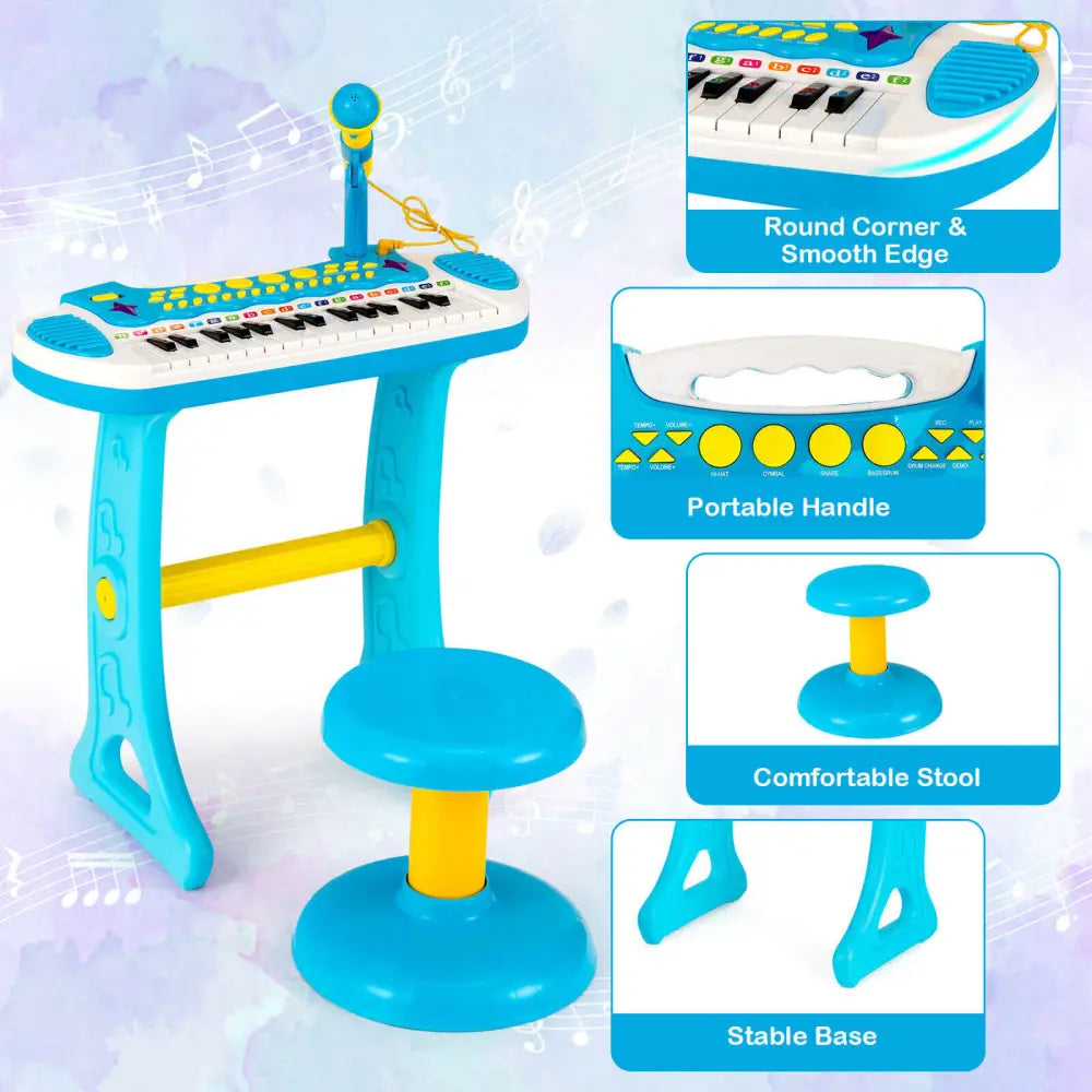 31-Key Kids Piano Keyboard Toy with Microphone and Multiple Sounds for Age 3+-Blue - Blue - Musical Toys
