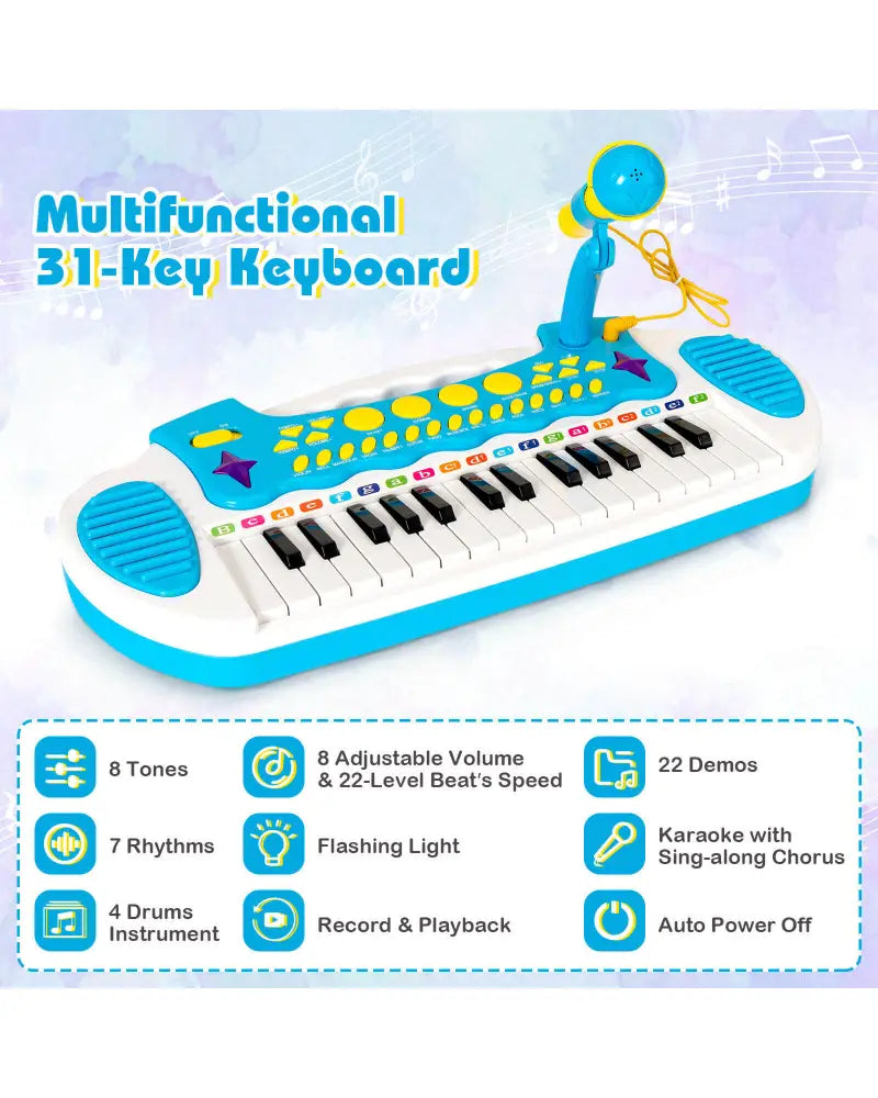 31-Key Kids Piano Keyboard Toy with Microphone and Multiple Sounds for Age 3+-Blue - Blue - Musical Toys