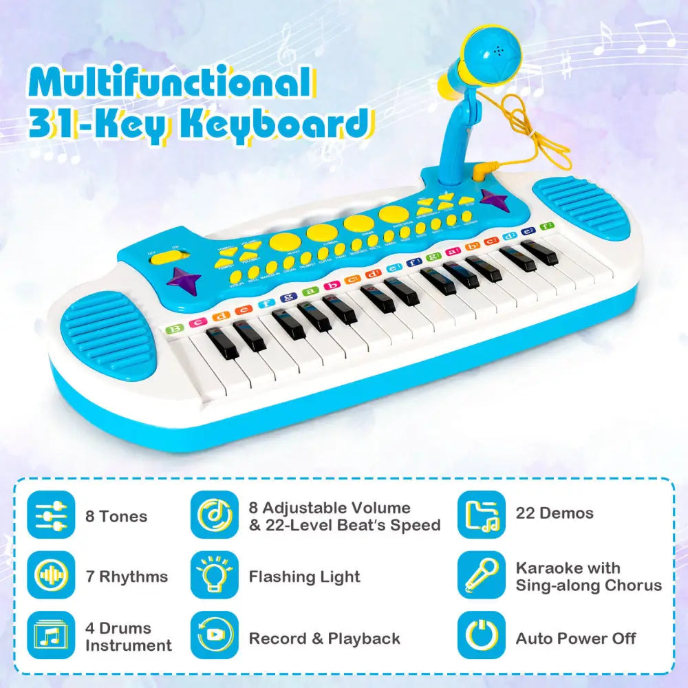 31-Key Kids Piano Keyboard Toy with Microphone and Multiple Sounds for Age 3+-Blue - Blue - Musical Toys