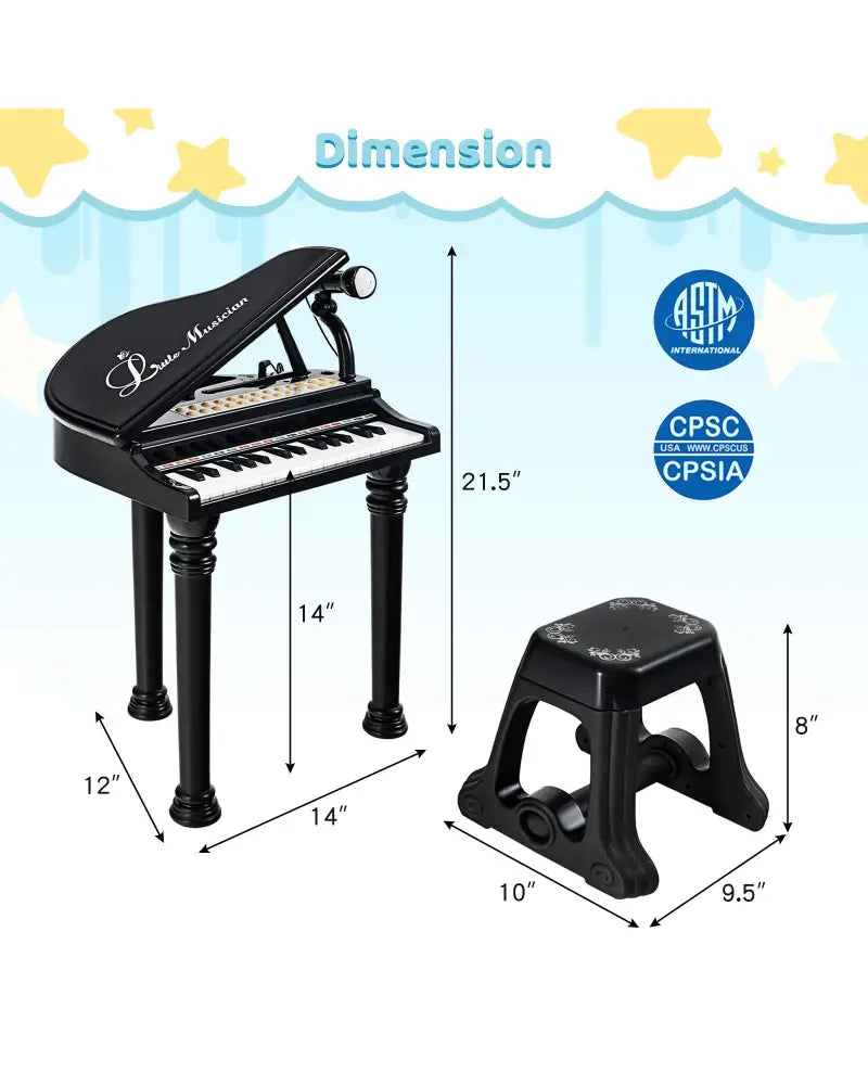 31 Keys Kids Piano Keyboard with Stool and Piano Lid-Black - Black - Pianos & Keyboards