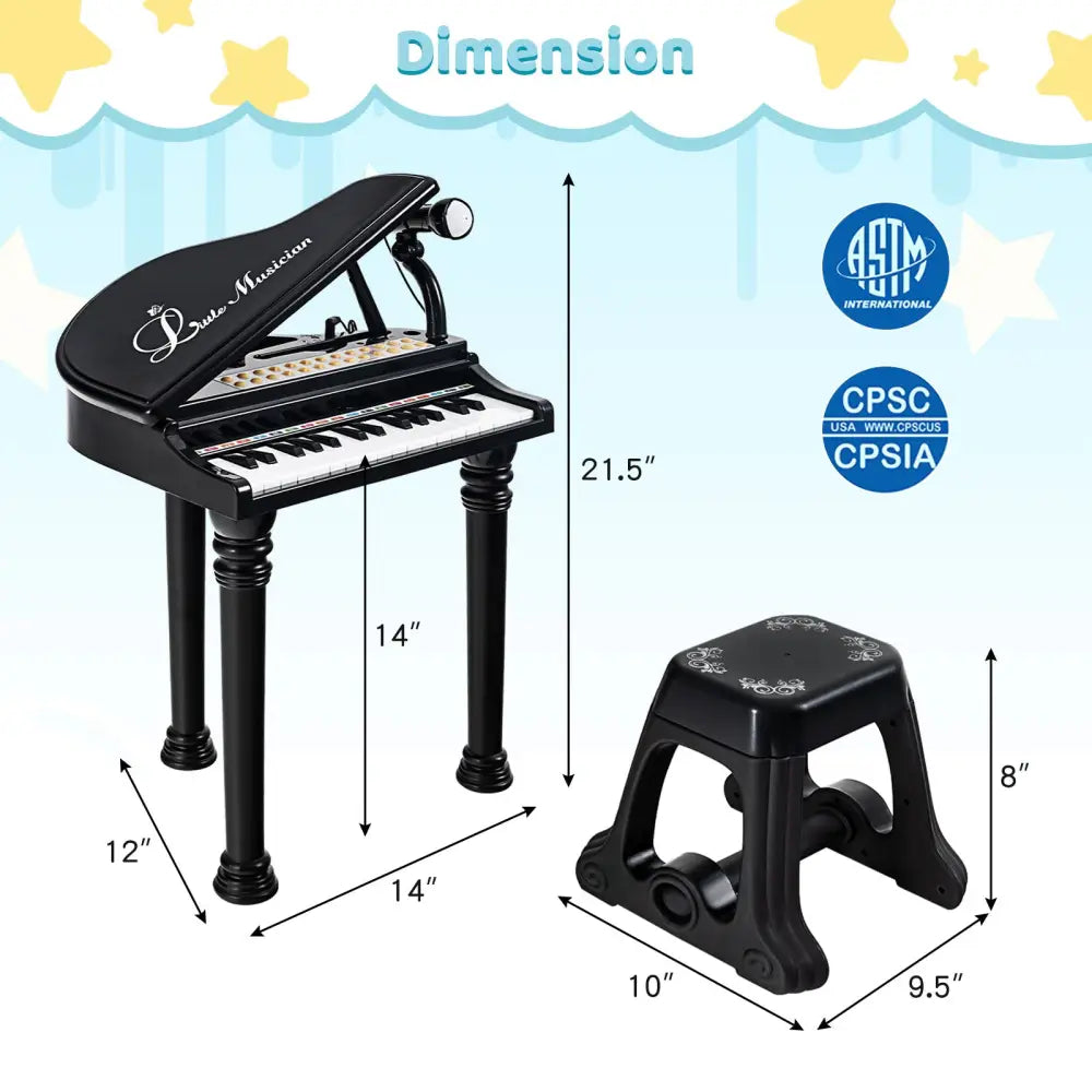 31 Keys Kids Piano Keyboard with Stool and Piano Lid-Black - Black - Pianos & Keyboards