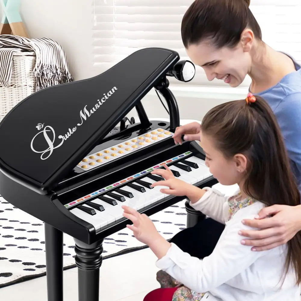 31 Keys Kids Piano Keyboard with Stool and Piano Lid-Black - Black - Pianos & Keyboards