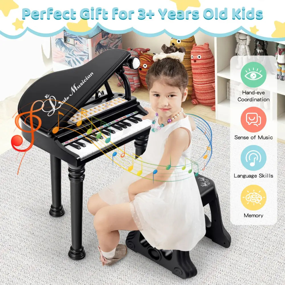 31 Keys Kids Piano Keyboard with Stool and Piano Lid-Black - Black - Pianos & Keyboards