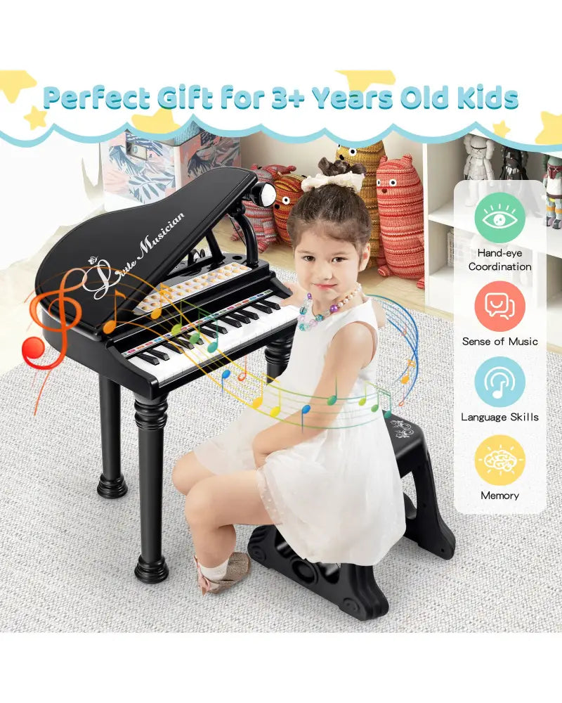 31 Keys Kids Piano Keyboard with Stool and Piano Lid-Black - Black - Pianos & Keyboards