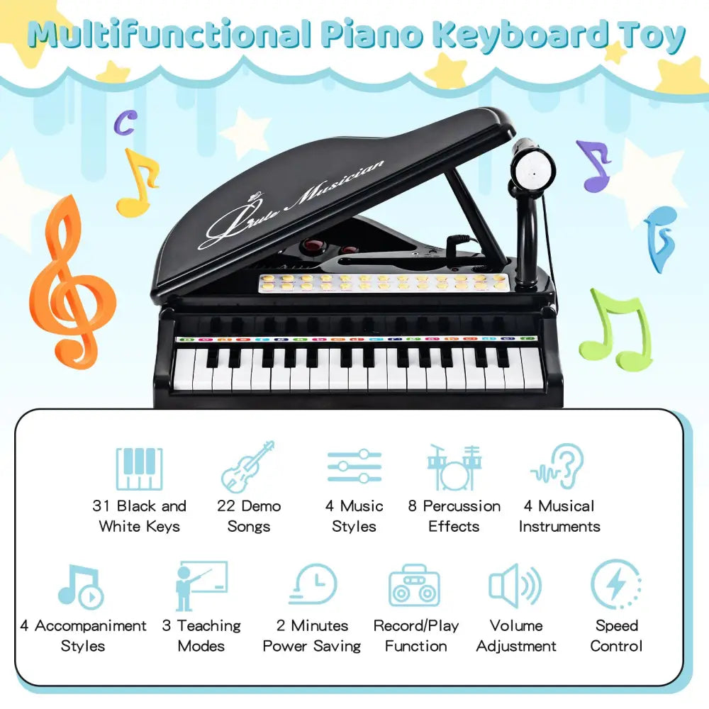 31 Keys Kids Piano Keyboard with Stool and Piano Lid-Black - Black - Pianos & Keyboards