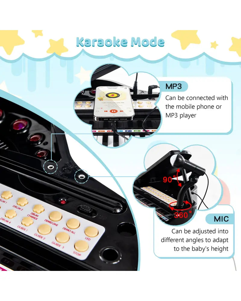31 Keys Kids Piano Keyboard with Stool and Piano Lid-Black - Black - Pianos & Keyboards