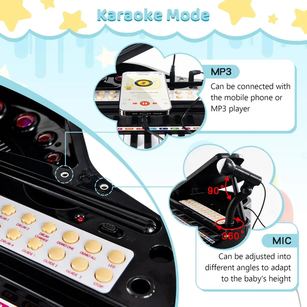 31 Keys Kids Piano Keyboard with Stool and Piano Lid-Black - Black - Pianos & Keyboards