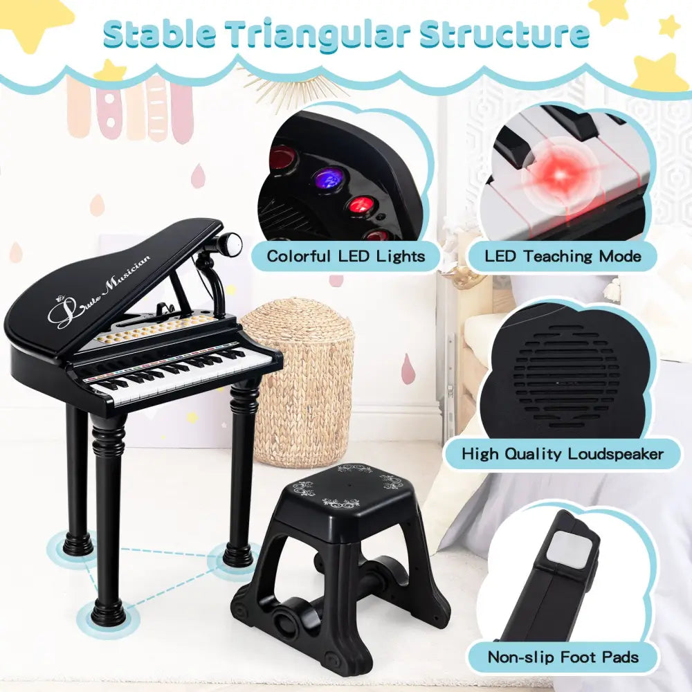 31 Keys Kids Piano Keyboard with Stool and Piano Lid-Black - Black - Pianos & Keyboards
