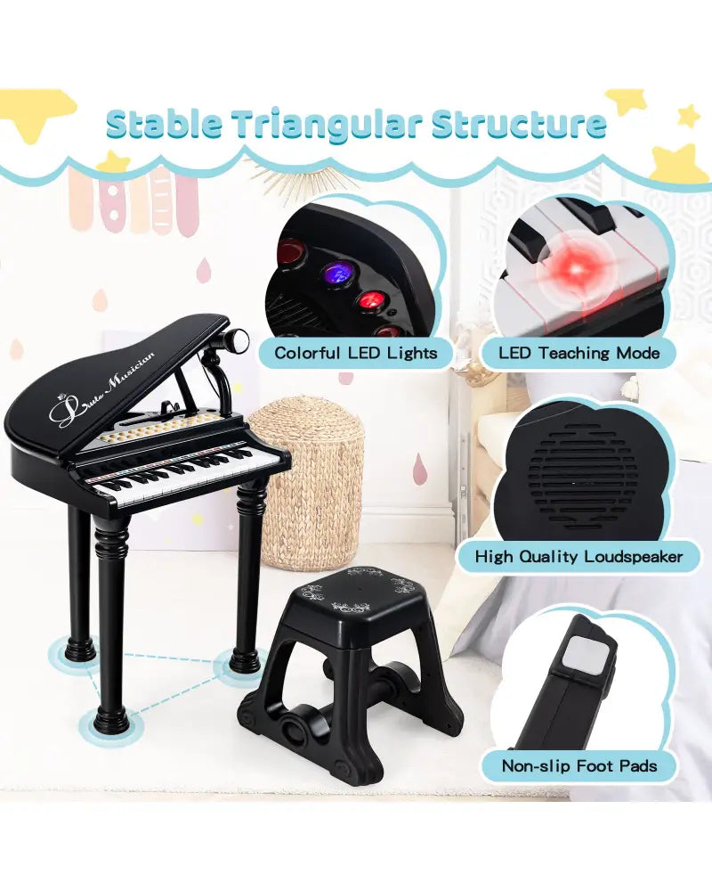 31 Keys Kids Piano Keyboard with Stool and Piano Lid-Black - Black - Pianos & Keyboards