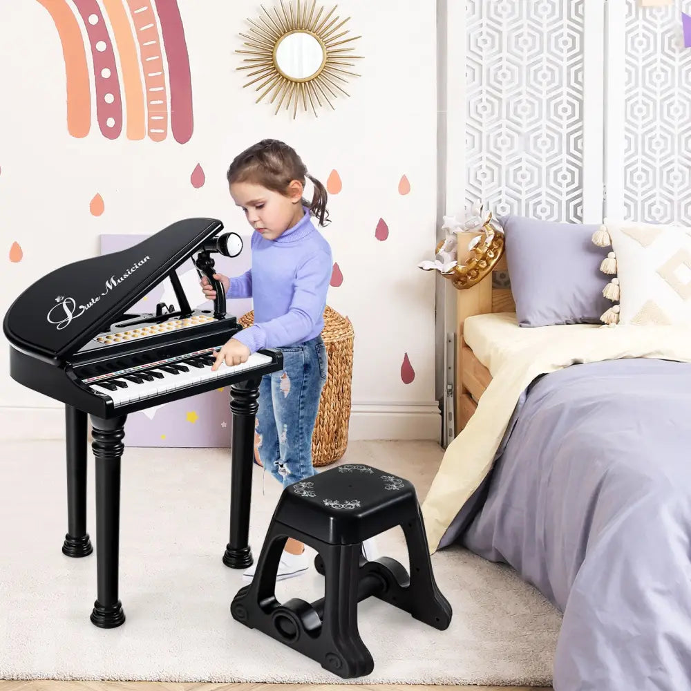 31 Keys Kids Piano Keyboard with Stool and Piano Lid-Black - Black - Pianos & Keyboards