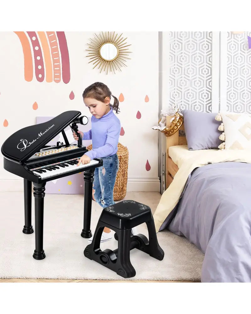 31 Keys Kids Piano Keyboard with Stool and Piano Lid-Black - Black - Pianos & Keyboards