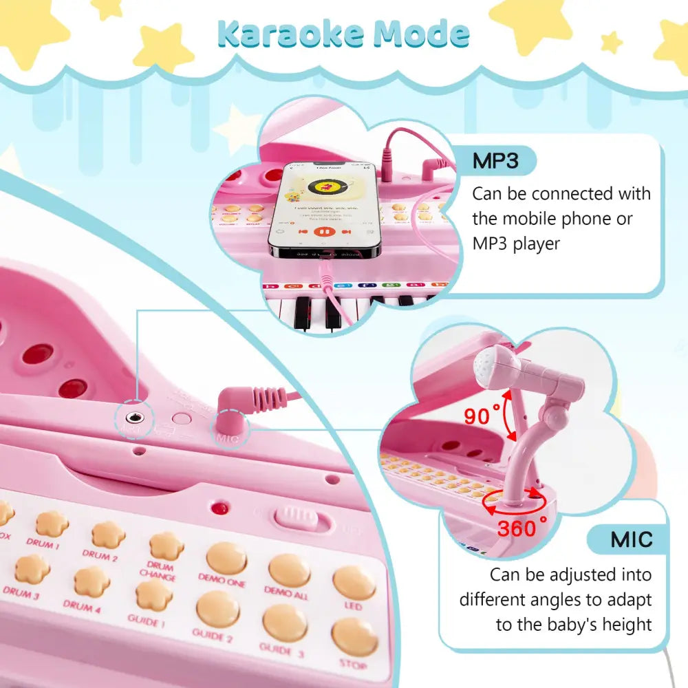31 Keys Kids Piano Keyboard with Stool and Piano Lid-Pink - Pink - Pianos & Keyboards