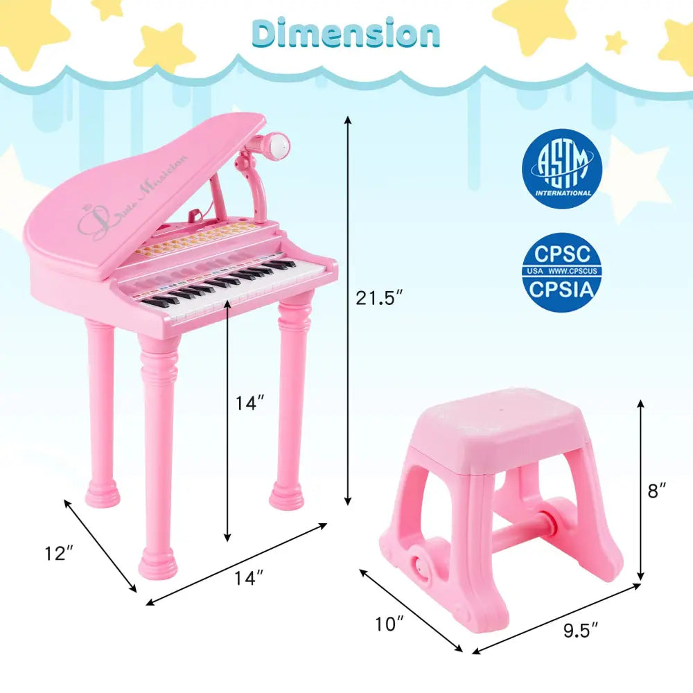 31 Keys Kids Piano Keyboard with Stool and Piano Lid-Pink - Pink - Pianos & Keyboards
