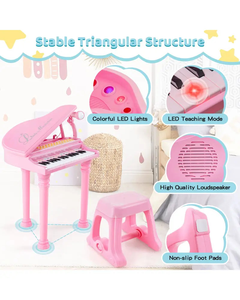 31 Keys Kids Piano Keyboard with Stool and Piano Lid-Pink - Pink - Pianos & Keyboards