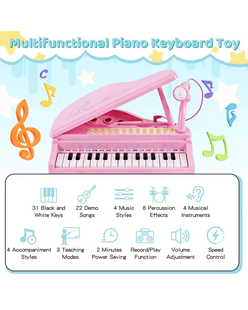 31 Keys Kids Piano Keyboard with Stool and Piano Lid-Pink - Pink - Pianos & Keyboards