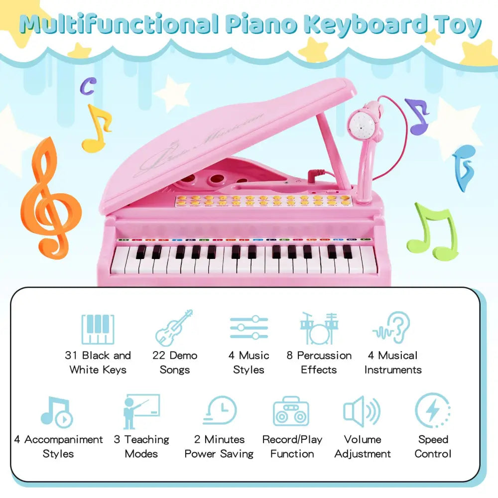 31 Keys Kids Piano Keyboard with Stool and Piano Lid-Pink - Pink - Pianos & Keyboards