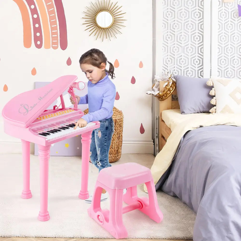 31 Keys Kids Piano Keyboard with Stool and Piano Lid-Pink - Pink - Pianos & Keyboards
