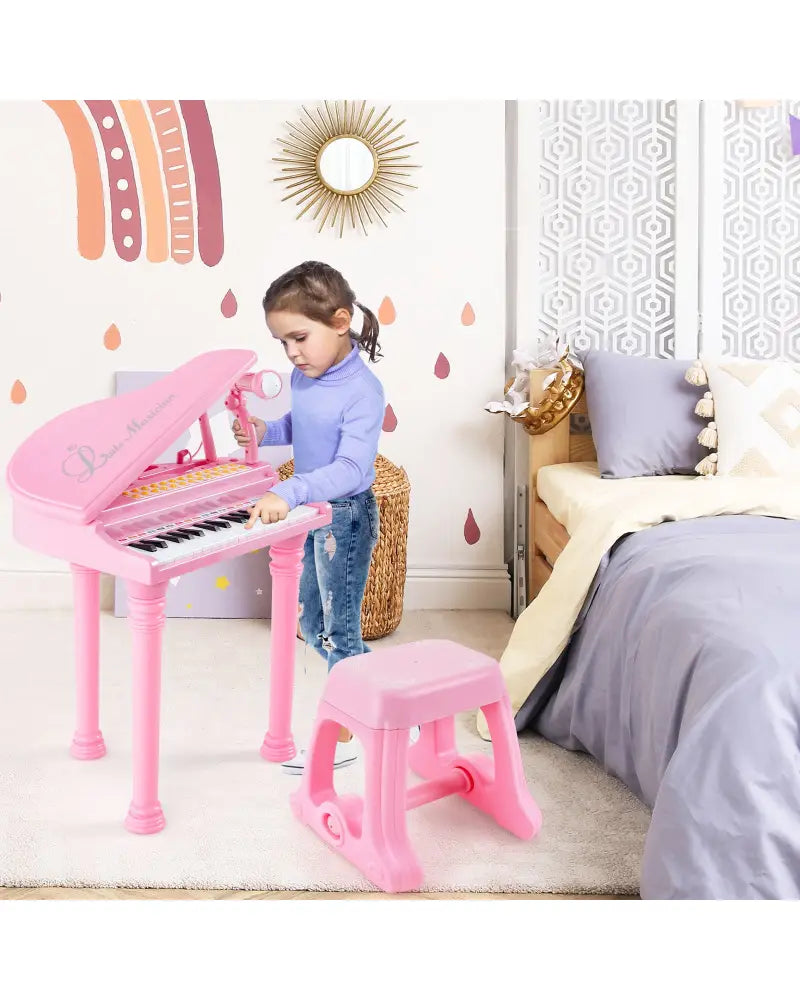 31 Keys Kids Piano Keyboard with Stool and Piano Lid-Pink - Pink - Pianos & Keyboards