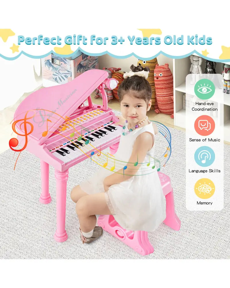 31 Keys Kids Piano Keyboard with Stool and Piano Lid-Pink - Pink - Pianos & Keyboards
