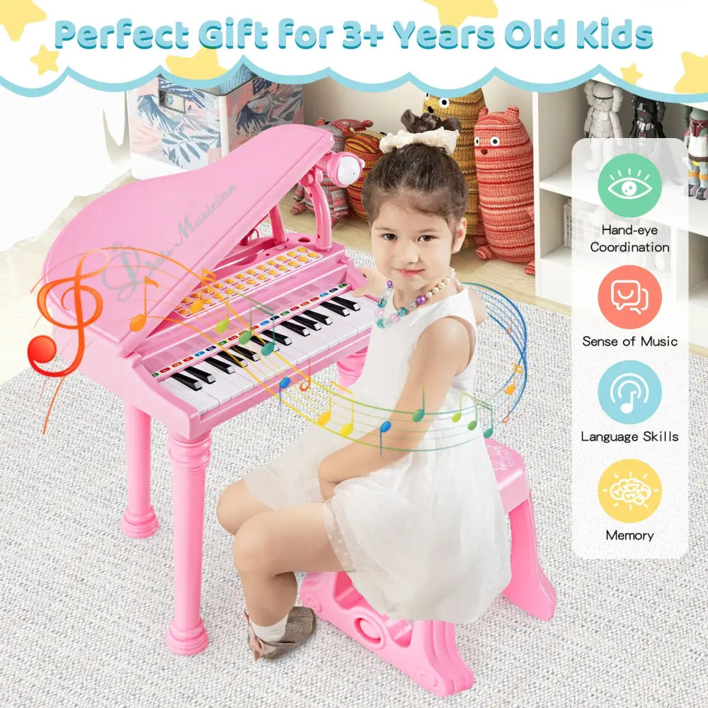 31 Keys Kids Piano Keyboard with Stool and Piano Lid-Pink - Pink - Pianos & Keyboards