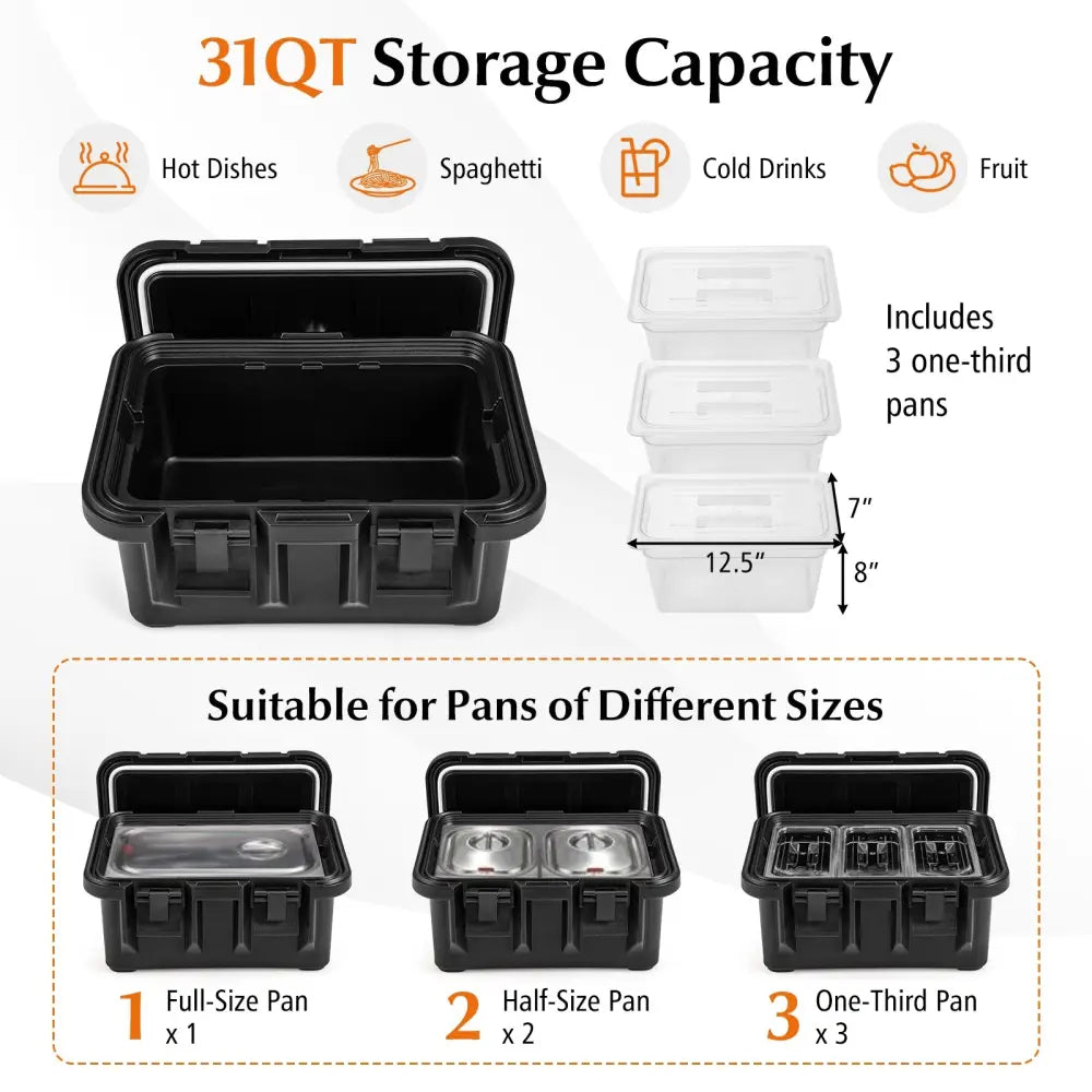 31 QT Insulated Food Pan Container with 3 Transparent One-Third Pans with Lids-Black - Black - Food Warmers & Burners