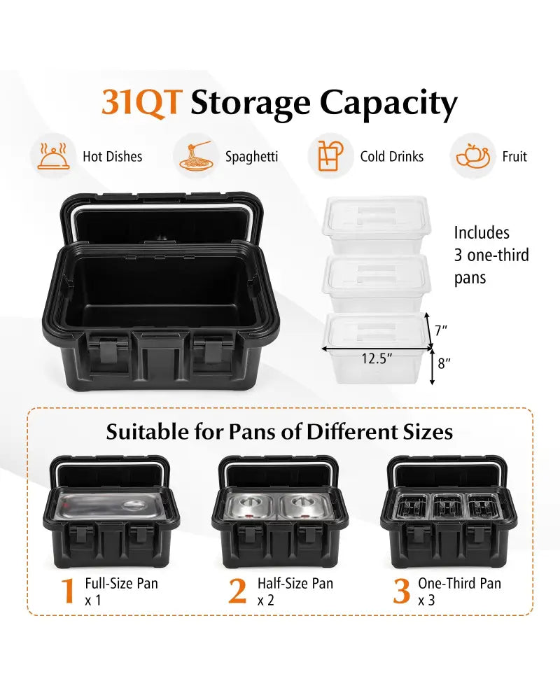 31 QT Insulated Food Pan Container with 3 Transparent One-Third Pans with Lids-Black - Black - Food Warmers & Burners