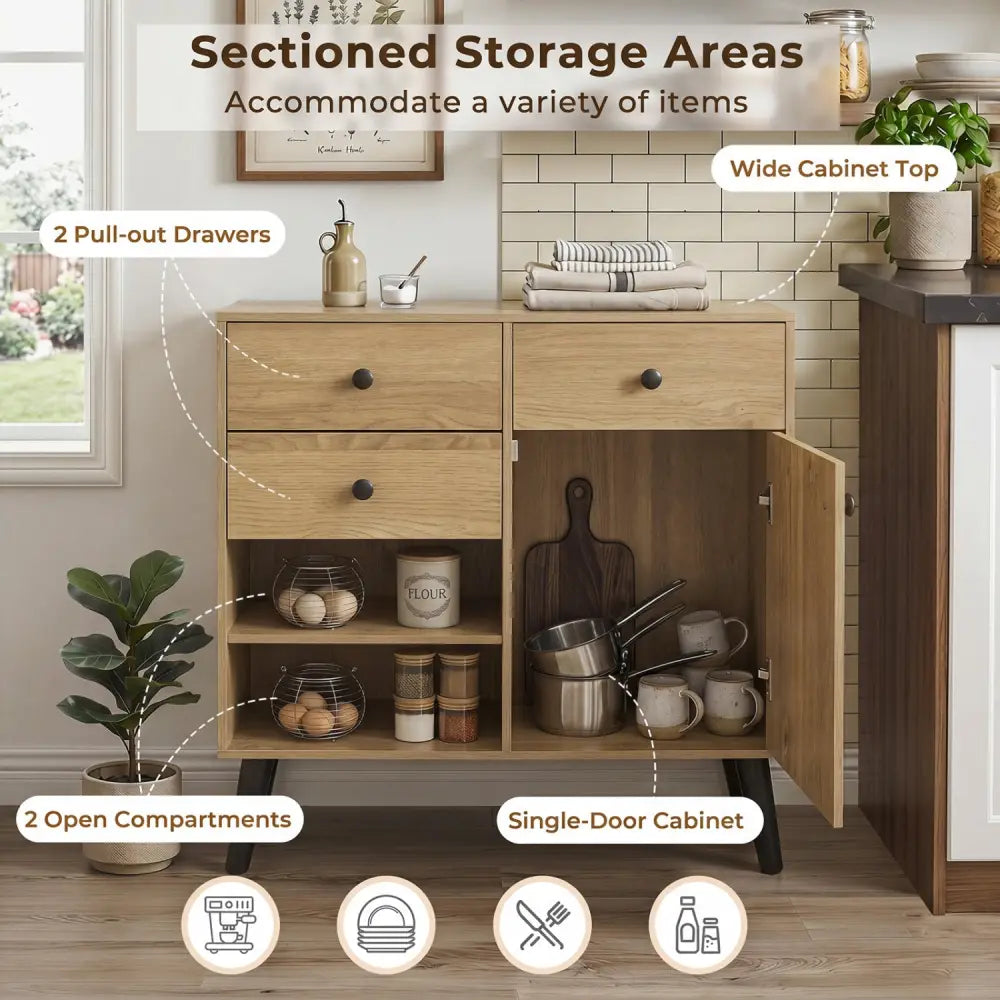 31’’ Sideboard Cabinet with 2 Open Compartments and 2 Drawers-Natrual - Natural - Sideboards Cabinets & Buffets