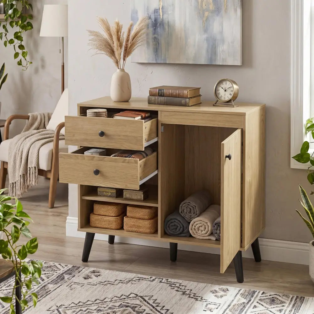 31’’ Sideboard Cabinet with 2 Open Compartments and 2 Drawers-Natrual - Natural - Sideboards Cabinets & Buffets