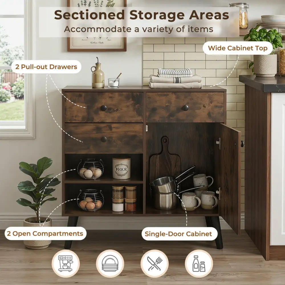 31’’ Sideboard Cabinet with 2 Open Compartments and 2 Drawers-Rustic Brown - Rustic Brown - Sideboards Cabinets &